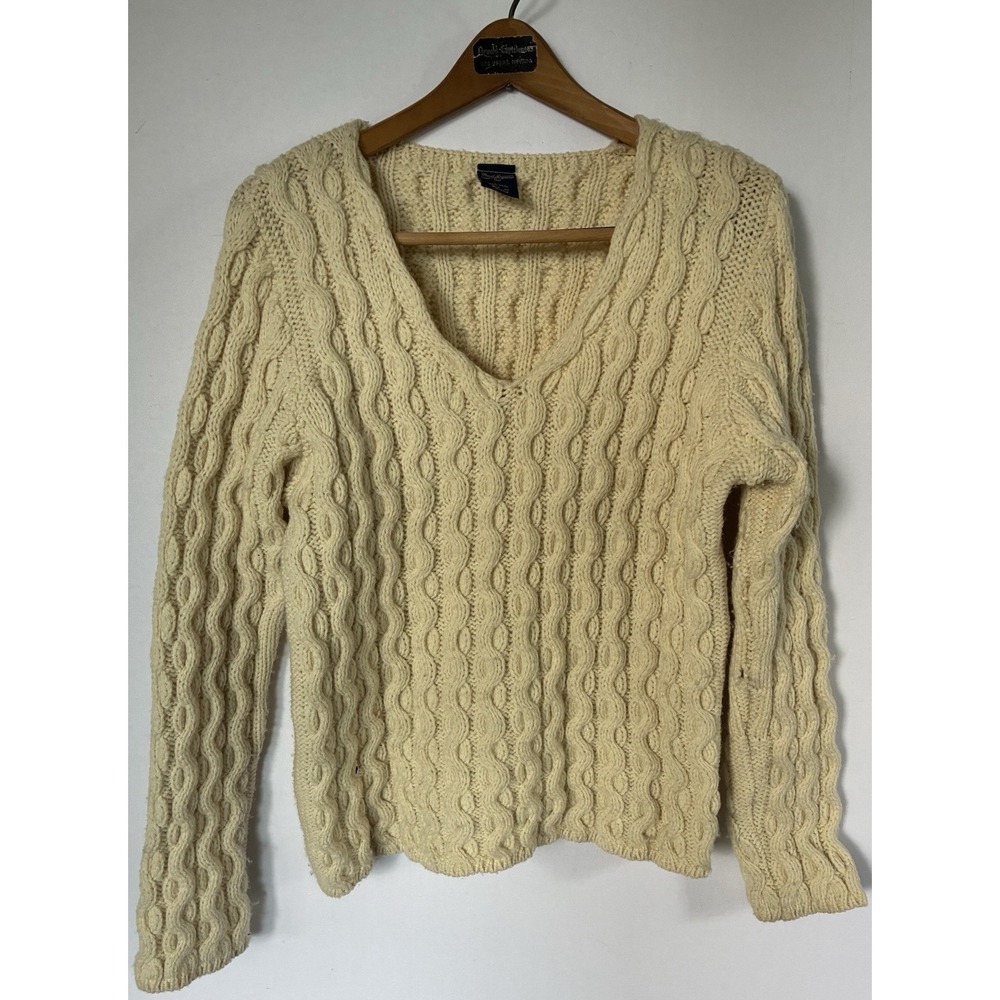 Paul‎ James 100% Wool V Neck Fisherman Ivory Sweater Womens Size Large